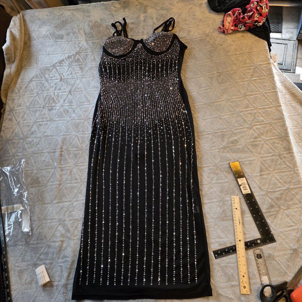 Black Rhinestone Meshy Sexy Dress with Embellishments And Slits L/XL Stretchy
